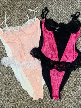 VTG Lingerie 80s 2 Satin Lace Underwired Bodysuits Teddy USA Made